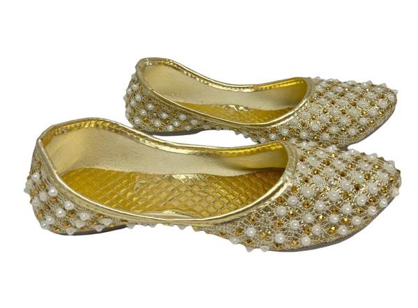 Women Indian Gold Mojari Khussa Jutti Shoes With Stone And Mirror Work J4