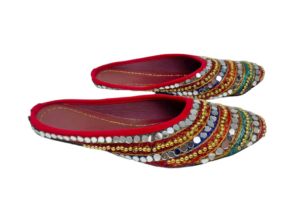 Women Indian Red Mojari Khussa Jutti Flat Shoes With Mirror Work J5