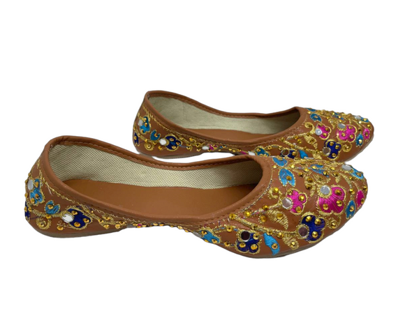 Women Indian Brown Mojari Khussa Jutti Flat Shoes With Multi Color Gold Embroidery J7