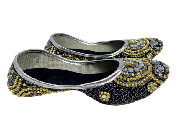 Women Indian Black And Gold Bead Mojari Khussa Jutti Flat Shoes With Mirror Work J9