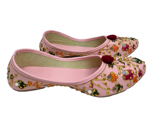 Women Indian Light Pink Mojari Khussa Jutti Flat Shoes With Multi Embroidery J10