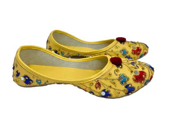 Women Indian Yellow Mojari Khussa Jutti Flat Shoes With Mirror Work J11