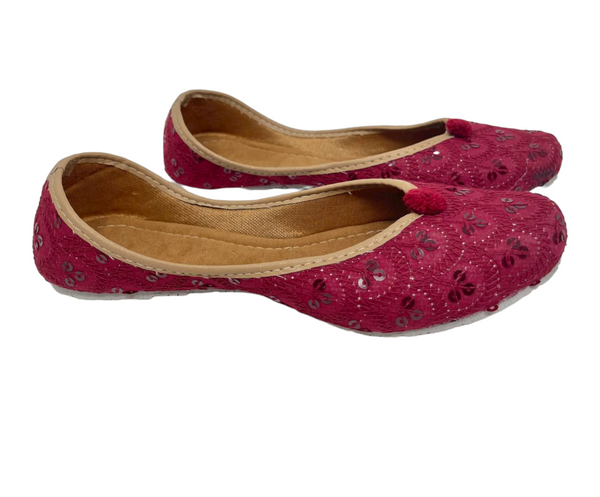 Women Indian Hot Pink Mojari Khussa Jutti Flat Shoes With Sequence Work J12