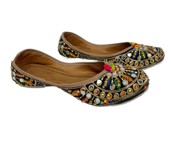 Women Indian Black Mojari Khussa Jutti Flat Shoes With Mirror Work J13