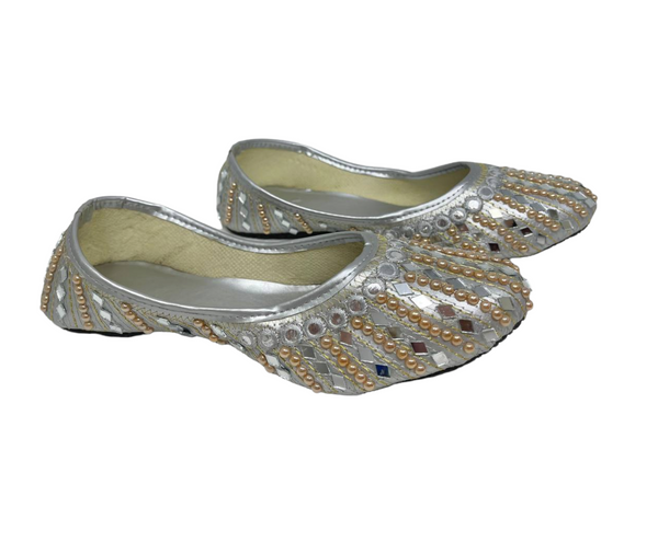 Women Indian Silver Mojari Khussa Jutti Flat Shoes With Mirror Work J15