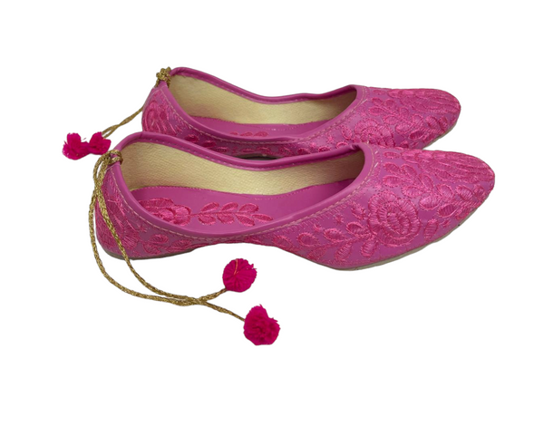 Women Indian Pink Mojari Khussa Jutti Flat Shoes With Multi Embroidery J16