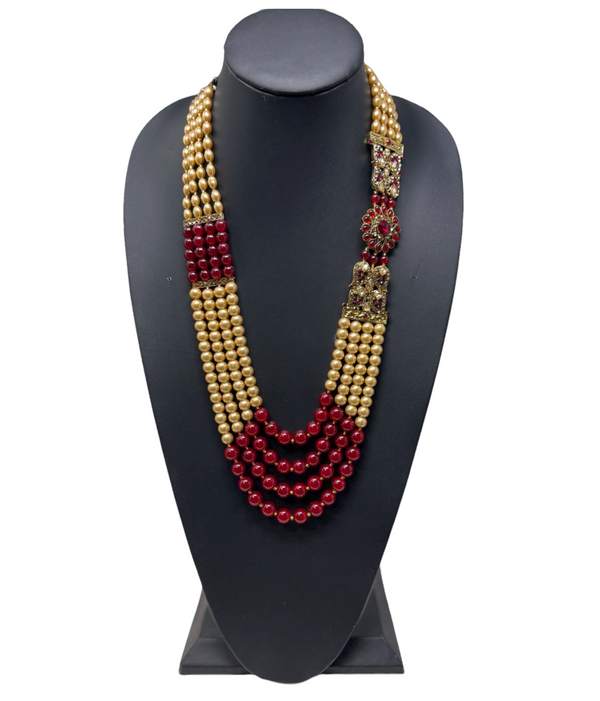 Men's 4 Layer Red And Gold Pearl Mala Side Broach for Groom Dulha Moti Haar M29