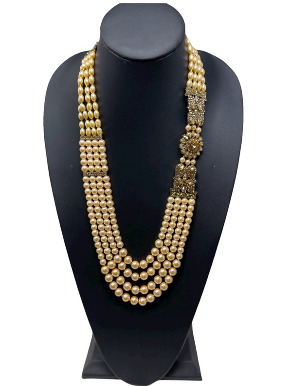 Men's 4 Layer Gold Pearl Mala With Side Broach for Groom Dulha Moti Haar M27