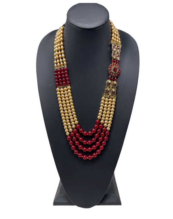 Men 4 Layer Red And Gold Pearl Mala With Side Broach for Groom Dulha Moti Haar M23