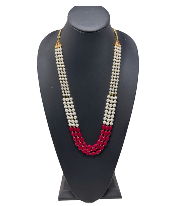 Men's 3 Layer Pearl Mala With Red Beads for Groom Dulha Moti Haar M19