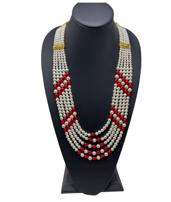 Men's 5 Layer Pearl Mala With Red Beads for Groom Dulha Moti Haar M18