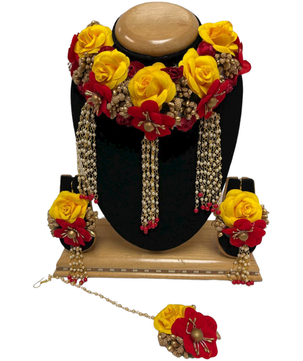 Indian Yellow And Red Flower Gotta Necklace Earrings Mang Tikka Bracelets Set F9