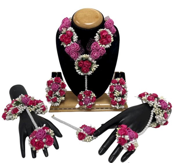 Indian Pink Flower Gotta Necklace Earrings Mang Tikka Bracelets Set F17