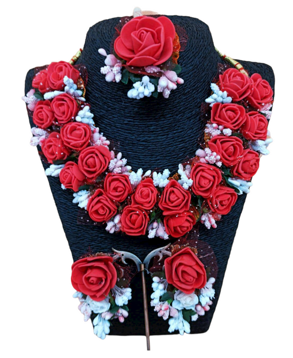 Indian Red Rose Flower Gotta Necklace Earrings Mang Tikka Bracelets Set F8