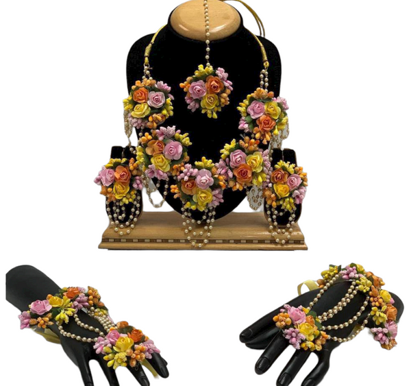 Indian Multi Color Flower Gotta Necklace Earrings Mang Tikka Bracelets Set F19