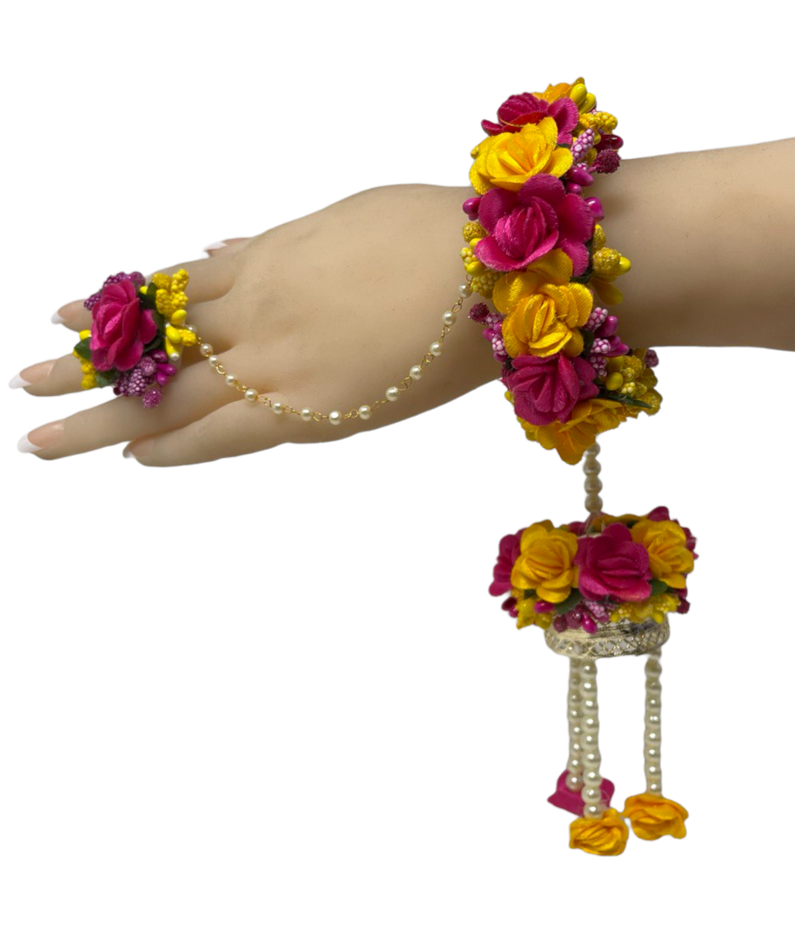 Indian Pink And Haldi Yellow Flower Gotta Openable Bracelets With Ring Set F29