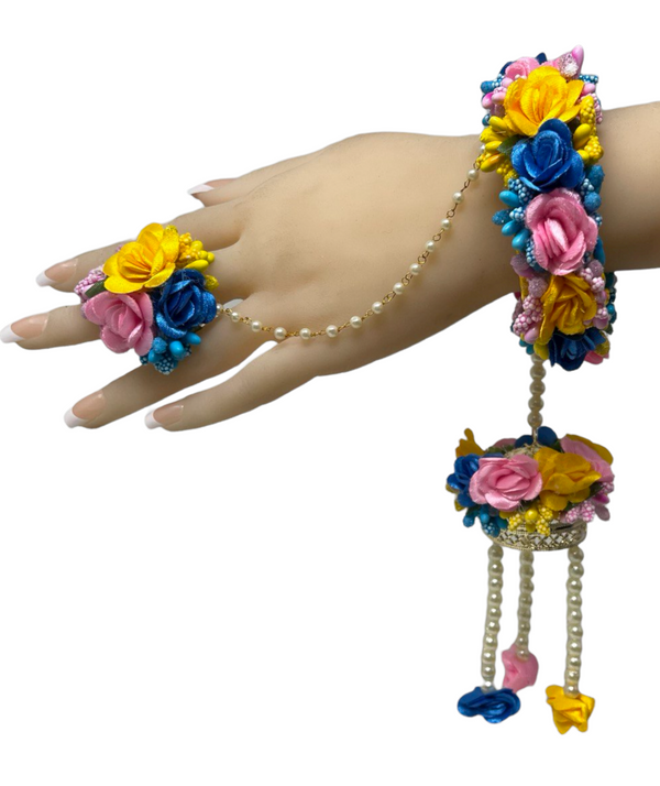 Indian Multi Color Flower Gotta Openable Bracelets With Ring Set F26
