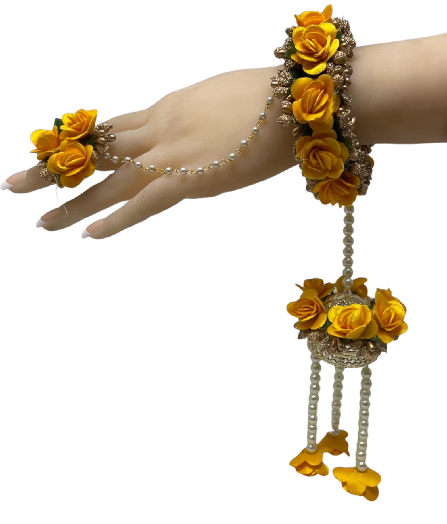 Indian Haldi Yellow Flower Gotta Openable Bracelets With Ring Set F25