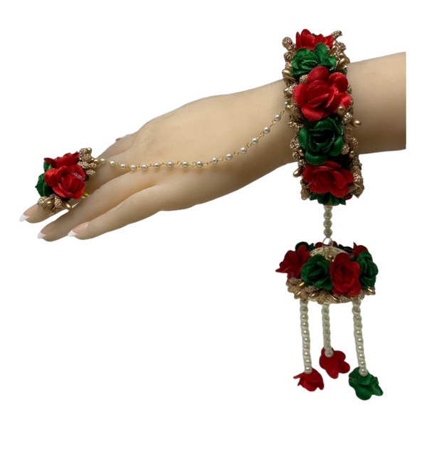Indian Red And Green Flower Gotta Openable Bracelets With Ring Set F28