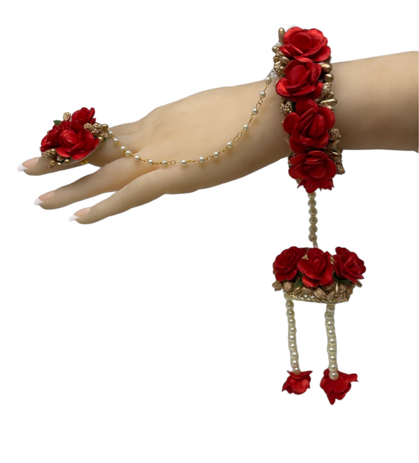 Indian Red Flower Gotta Openable Bracelets With Ring Set F22