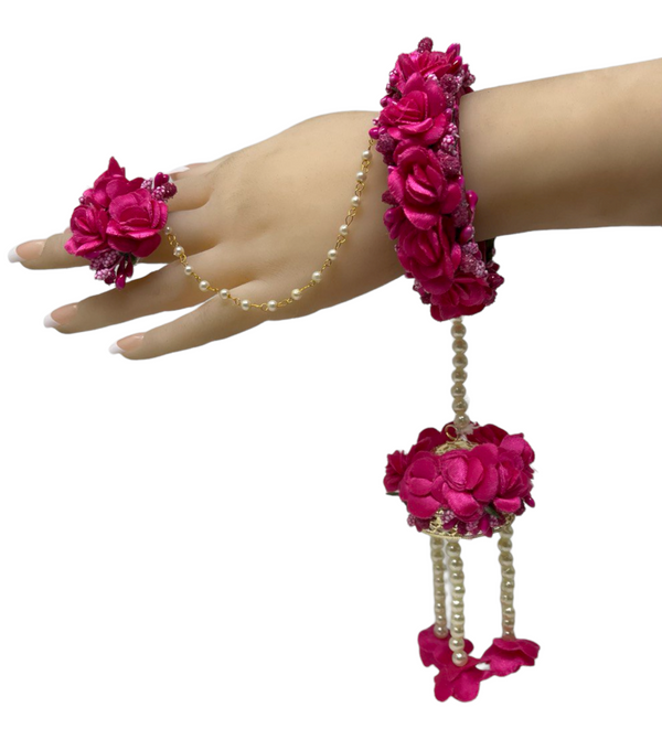 Indian Pink Flower Gotta Openable Bracelets With Ring Set F23