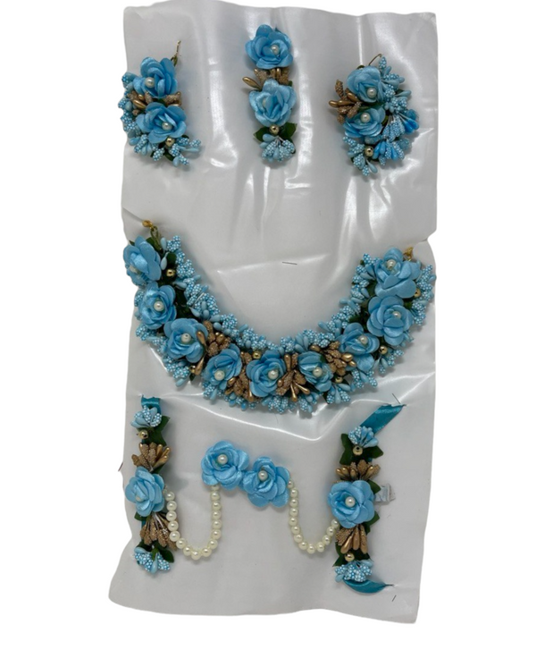 Indian Blue Flower Gotta Necklace Earrings Mang Tikka Bracelets Set F7
