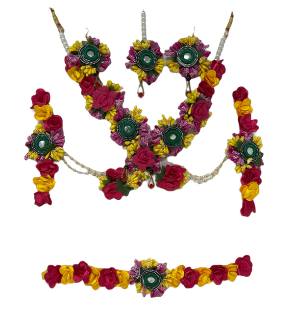 Indian Multi Color Flower Gotta Necklace Earrings Mang Tikka Bracelets Set F16