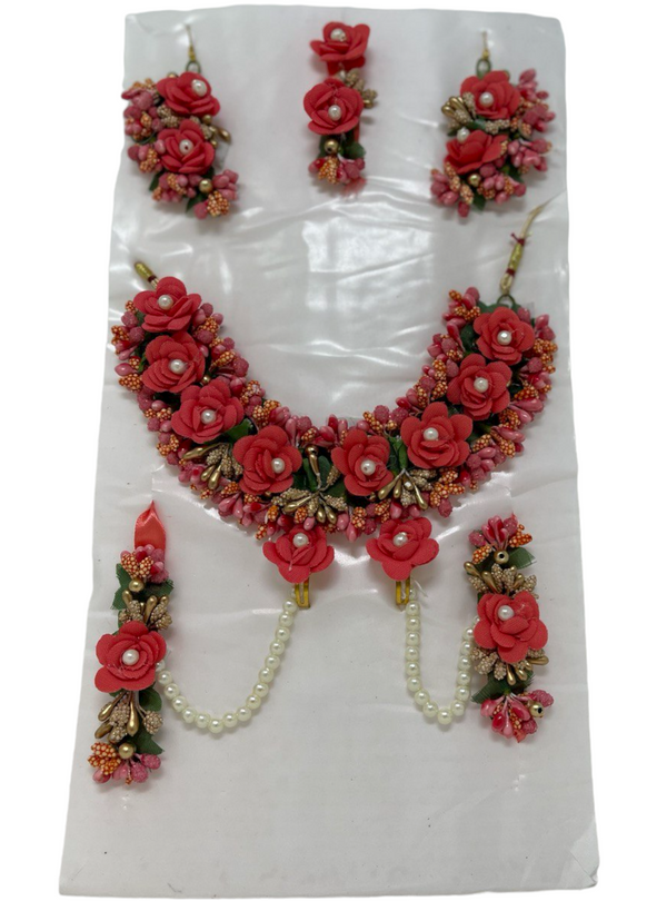 Indian Coral Flower Gotta Necklace Earrings Mang Tikka Bracelets Set F11