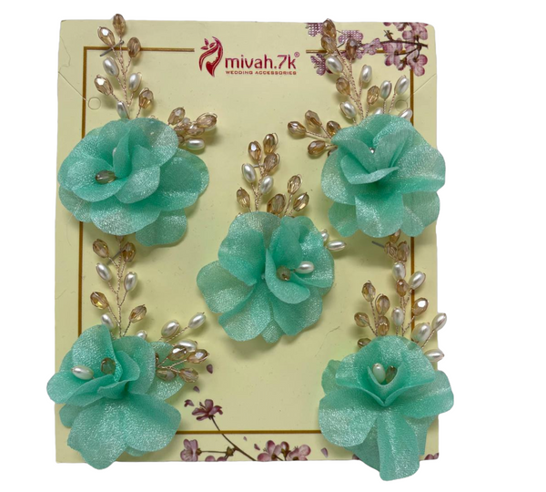 5Pc Hair Accessories With Mint Green Flower, Pearl and Crystal For Buns, Braids