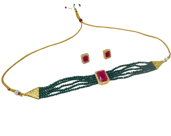 AD Gold Plated Flexible Choker And Stud Earring Set With Onyx Beads #ADC1