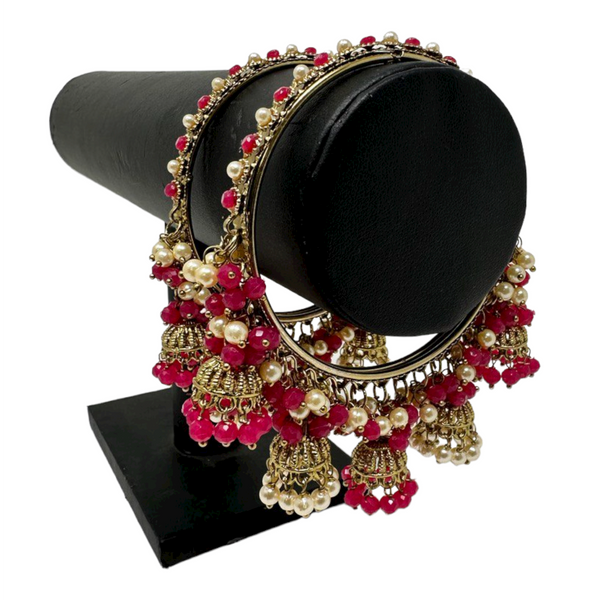 Indian 2pc Hot Pink Metal Bangles With Jhumki Churiyan Set