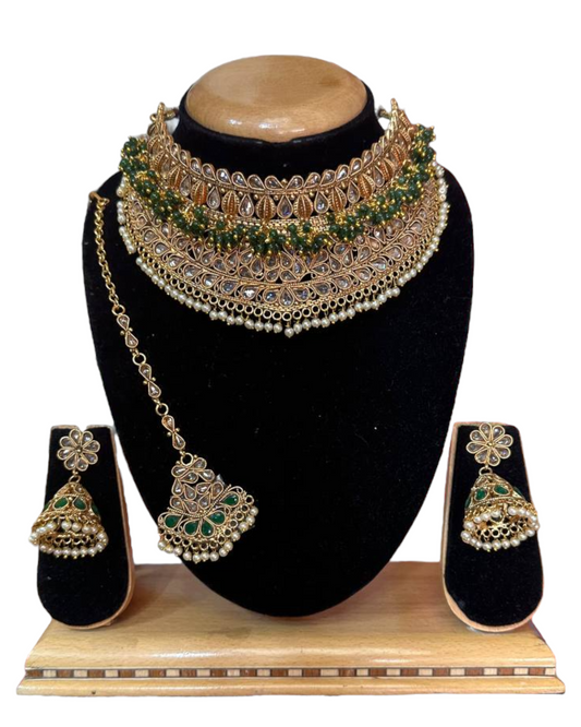 Bridal Gold Plated Polki Reverse American Diamond Choker Necklace Jhumka Earrings And Mang Tikka Set #RABC3