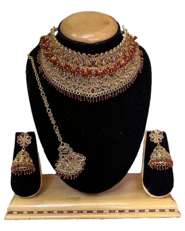 Bridal Gold Plated Polki Reverse American Diamond Choker Necklace Jhumka Earrings And Mang Tikka Set #RABC3