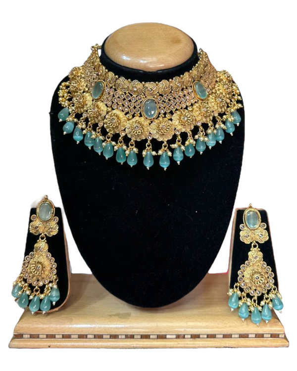 Bridal Gold Plated Reverse AD Choker Necklace And Earrings Set With Monalisa Stone #RABC4