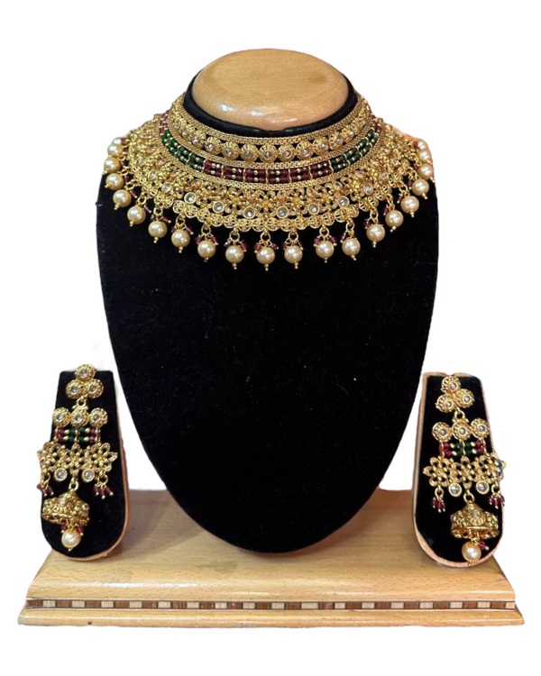 Bridal Gold Plated Polki Reverse AD Choker Necklace And Earrings Set #RABC6