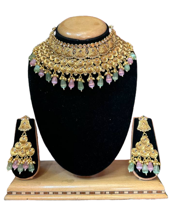 Bridal Gold Plated Polki Reverse AD Flexible Choker Necklace And Earrings Set #RABC8