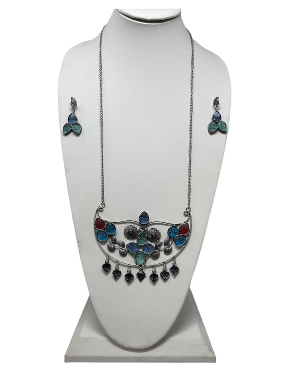 German Silver Oxidized Long Necklace Earrings Set with Amrapali Carved Stones #GS5