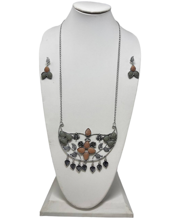 German Silver Oxidized Long Necklace Earrings Set with Amrapali Carved Stones #GS6