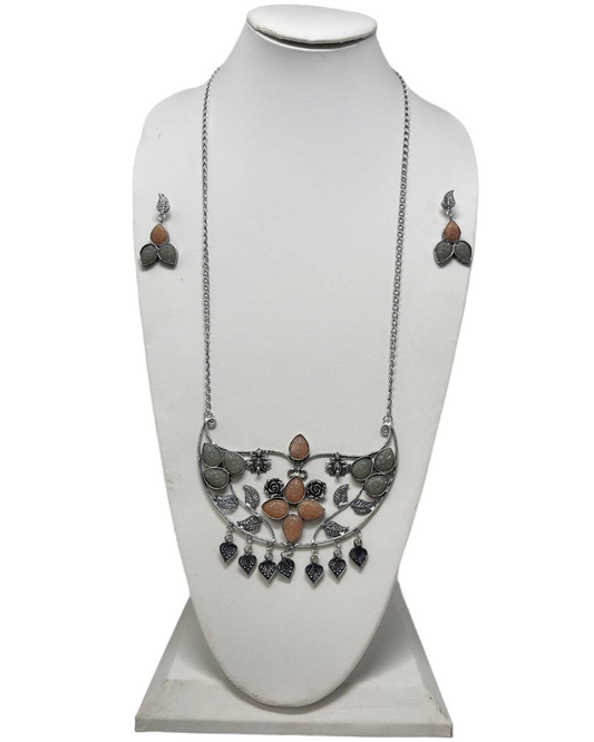 German Silver Oxidized Long Necklace Earrings Set with Amrapali Carved Stones #GS6