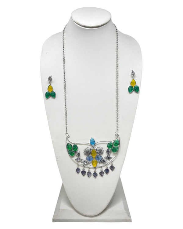 German Silver Oxidized Long Necklace and Earrings Set with Amrapali Stones #GS1