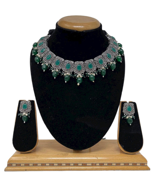 German Silver Oxidized Necklace Earrings Set with Green Stones #GS7