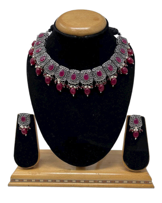 German Silver Oxidized Necklace Earrings Set with Ruby Stones #GS8