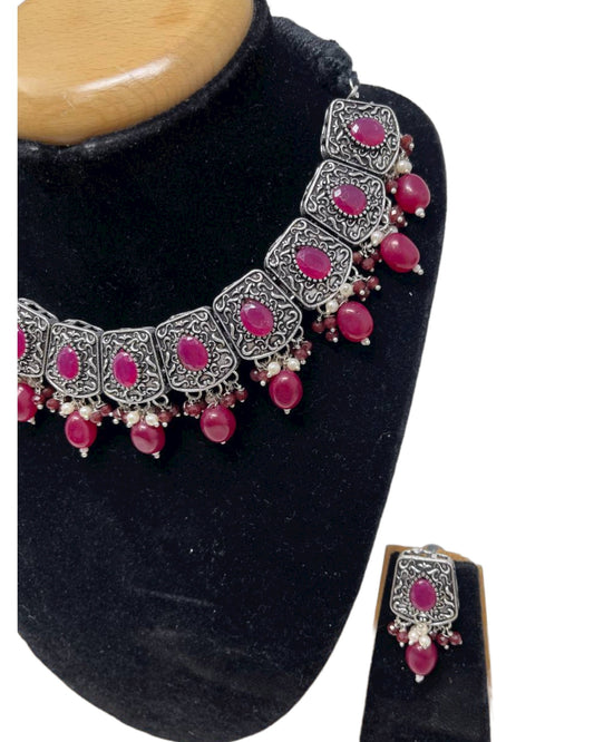 German Silver Oxidized Necklace Earrings Set with Ruby Stones #GS8