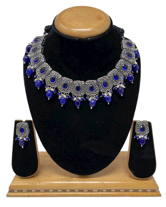 German Silver Oxidized Necklace Earrings Set with Blue Stones #GS9