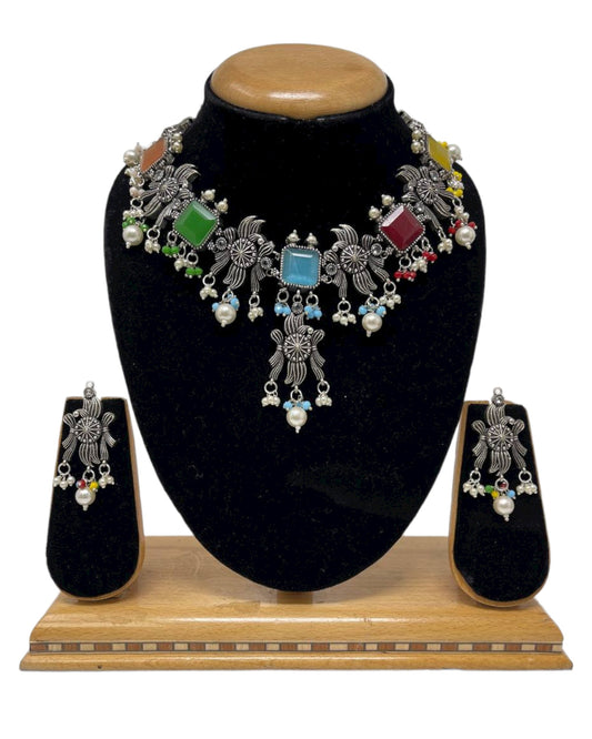 Ethnic German Silver Oxidized Necklace Earrings Set with Multi Stones #GS10