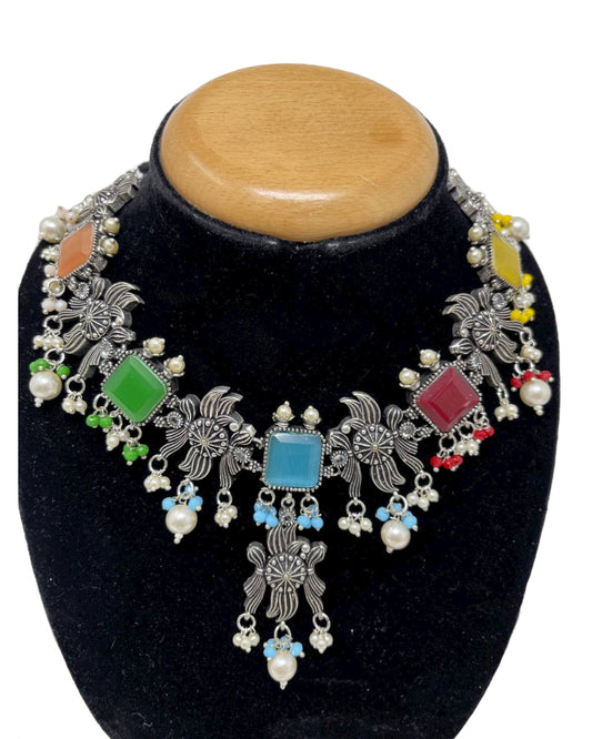 Ethnic German Silver Oxidized Necklace Earrings Set with Multi Stones #GS10