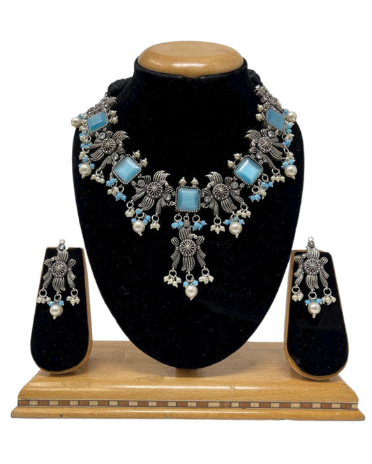 Ethnic German Silver Oxidized Necklace Earrings Set with Blue Stones #GS12