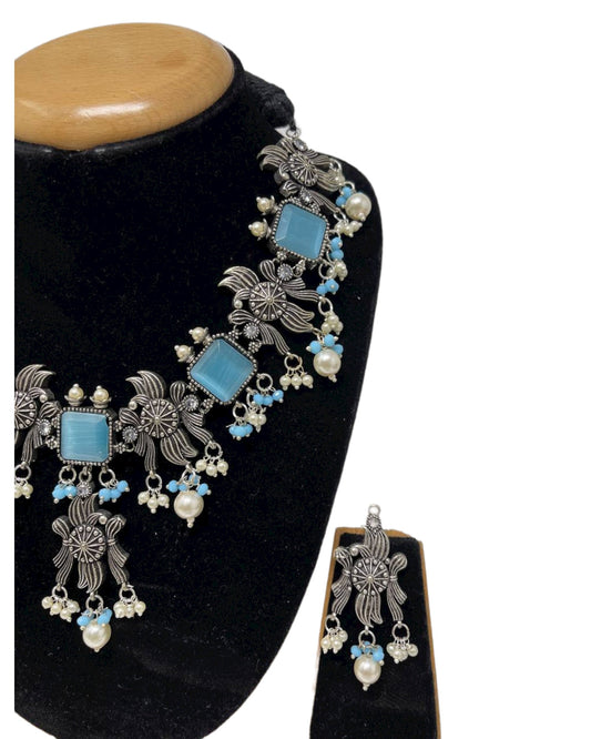 Ethnic German Silver Oxidized Necklace Earrings Set with Blue Stones #GS12