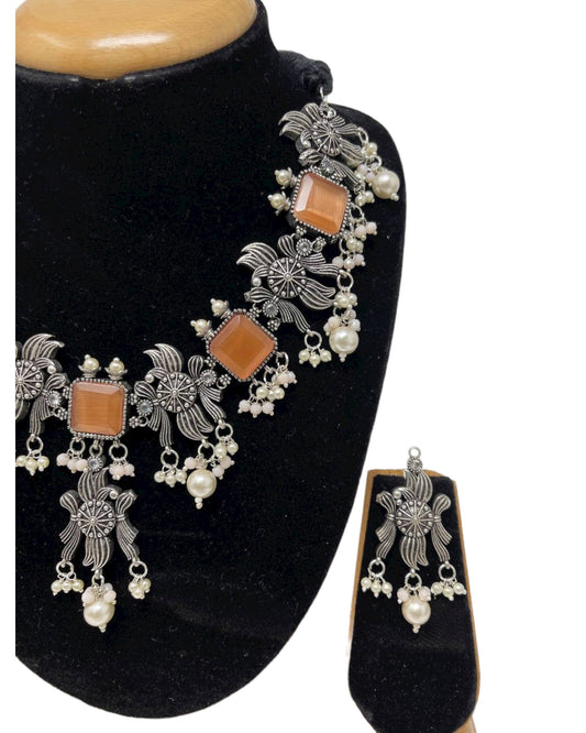 Ethnic German Silver Oxidized Necklace Earrings Set with Orange Stones #GS13