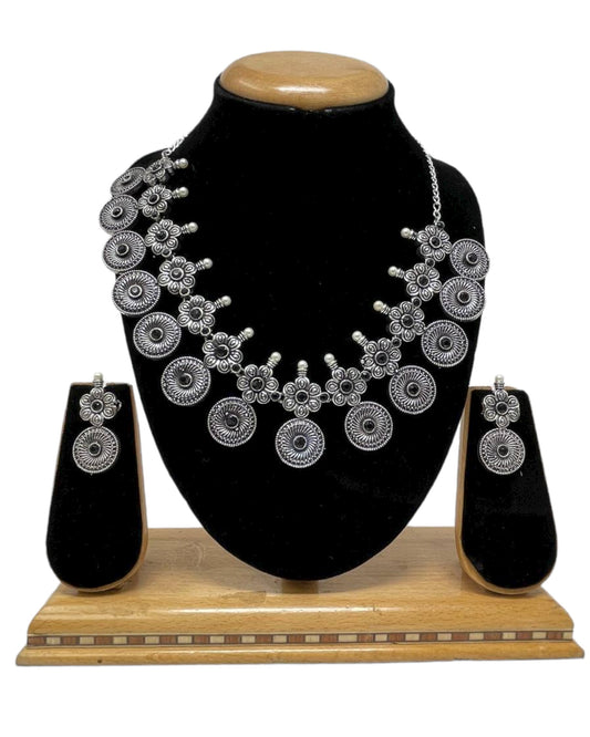 Ethnic German Silver Oxidized Necklace Earrings Set with Black Stones #GS15